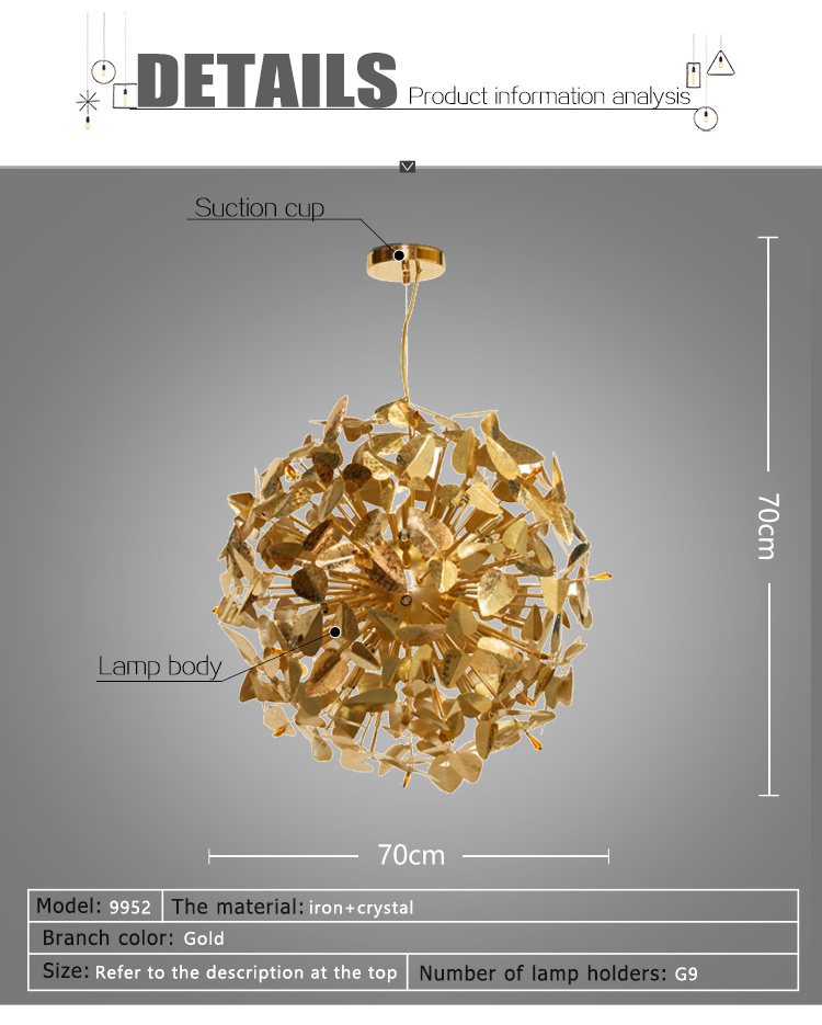 Hotel Project Luxry Golden Leaves Chain Butterfly Wall Lamp
