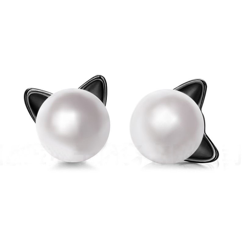 Cute 925 Sterling Silver Cat Ear Earrings Freshwater Cultured Pearl Stud Earrings for Women Girls