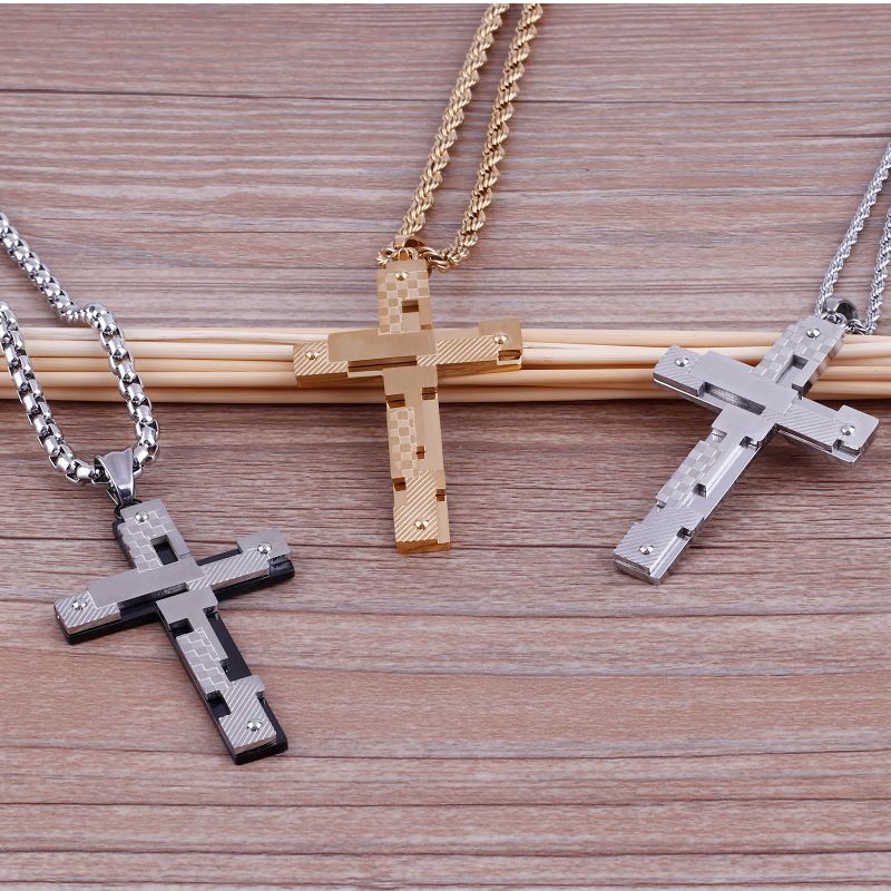 Gold Plated Stainless Steel Irregular Stitching Cross Pendant Necklace