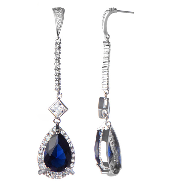 925 Sterling Silver Antique Pear Drop Blue CZ Dangle Earrings