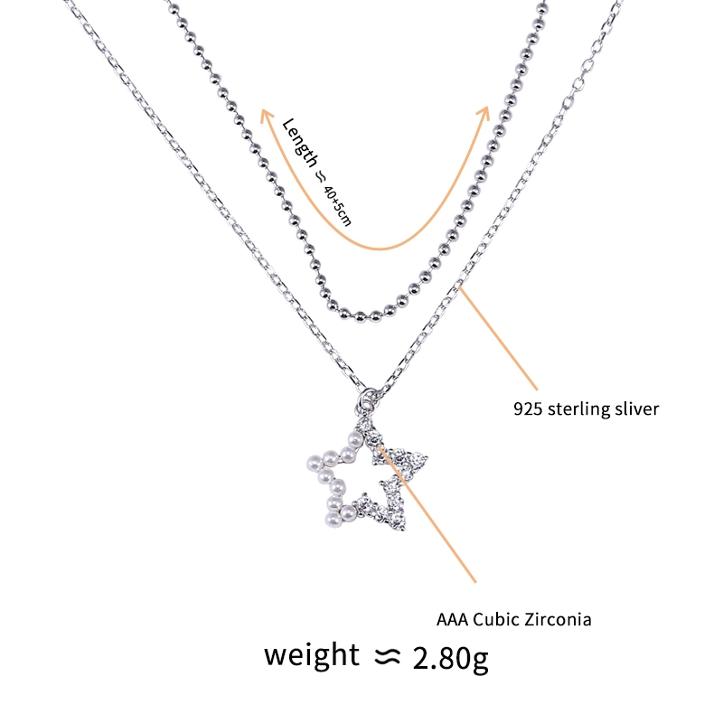 Custom Trendy Beaded 925 Sterling Silver Cubic Zirconia Star Pearl Layered Pendant Necklace