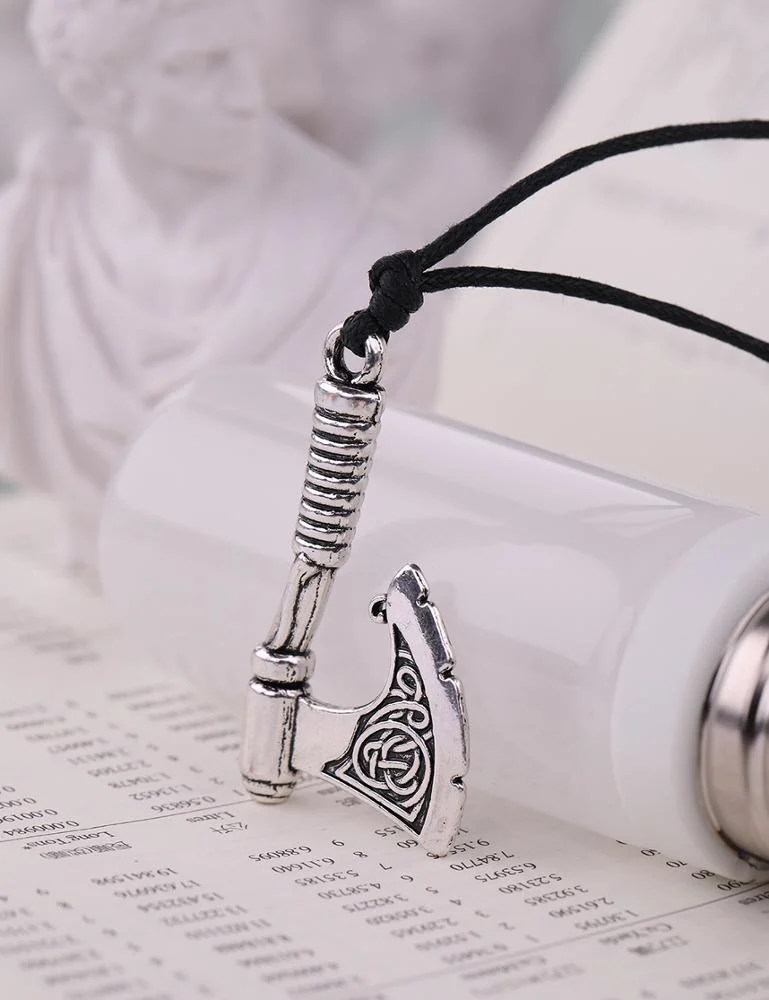 Fashion Zinc Alloy Antique Silver Metal Jewelry Black Wax Cord Wiccan Dainty Viking Axe Charm Pendant Men Necklace for Men