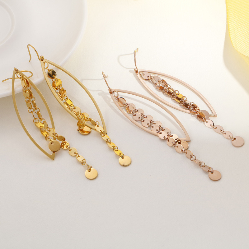 Geometric Asymmetric Disc Sequins Tassel Gold-Plated Stainless Steel Earrings Drop