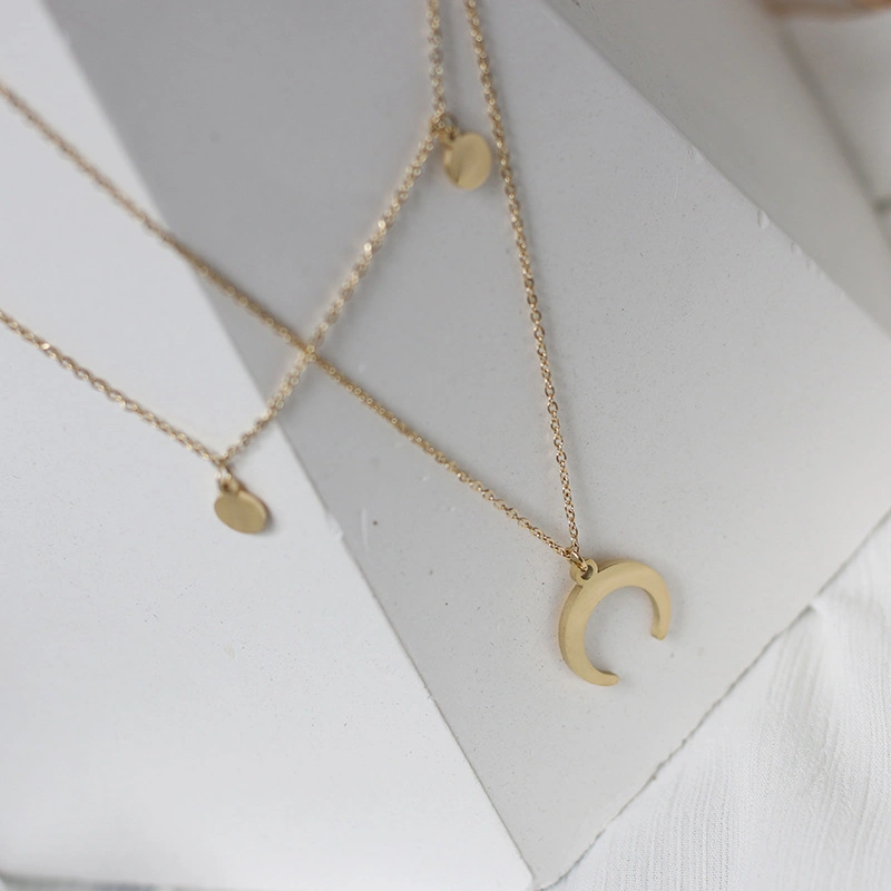 Stainless Steel Women Jewelry Small Coin Disc Moon Pendant Gold Chain Double Layered Necklace
