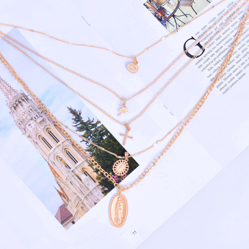 Fashion Jewelry Multi Layer Gold Plated Choker Necklace with Lotus Cross Coconut Tree Pendant