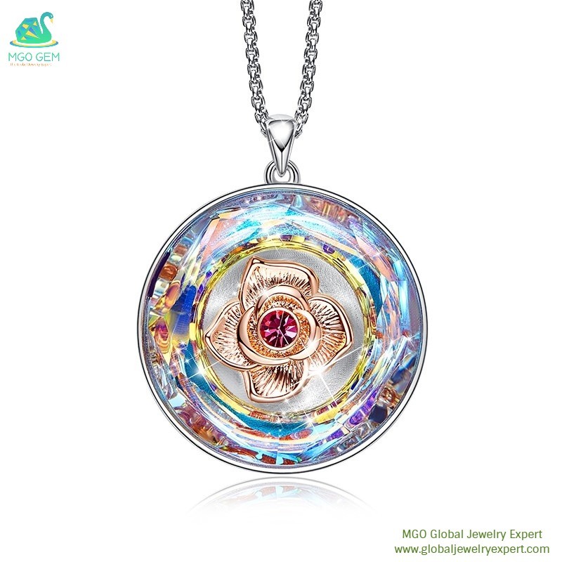 MGO Global Gem Jewelry Embellished with Crystals Large Transparent Rose Rotate Women Necklace Jewelry