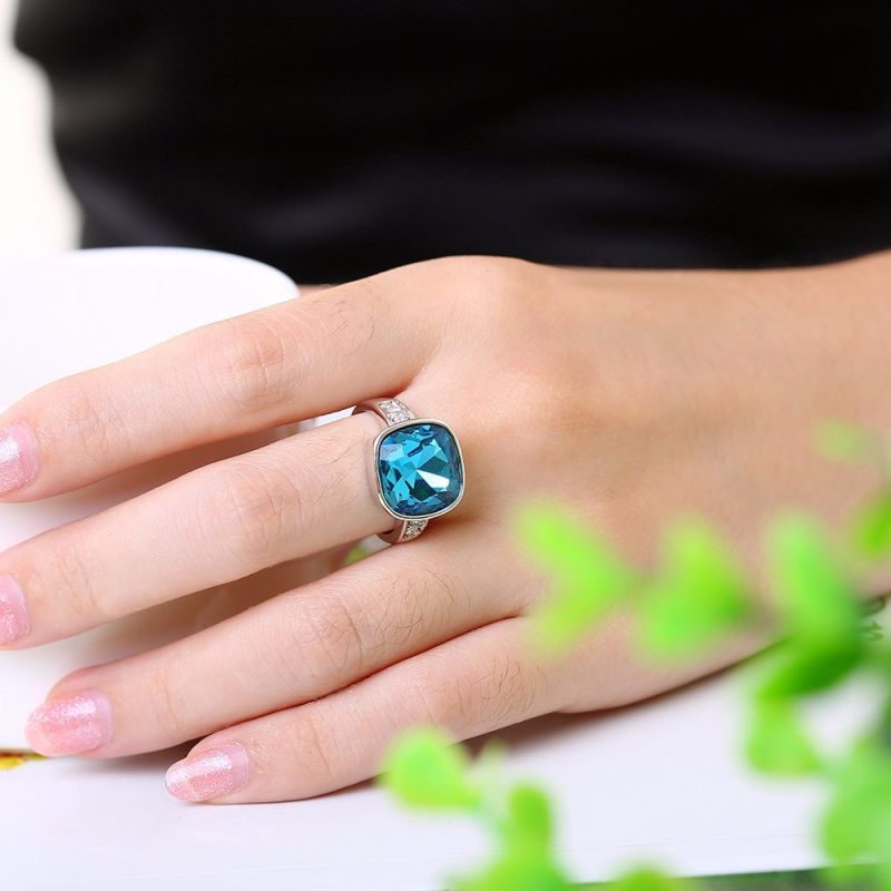 Foreign Trade Sale Blue Glass Czech Drill Ring Rose Gold Plated Fashion Jewelry