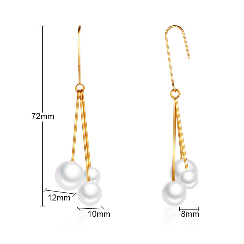 Three White Bead Earrings Temperament Long Stainless Steel Ear Hook Earrings