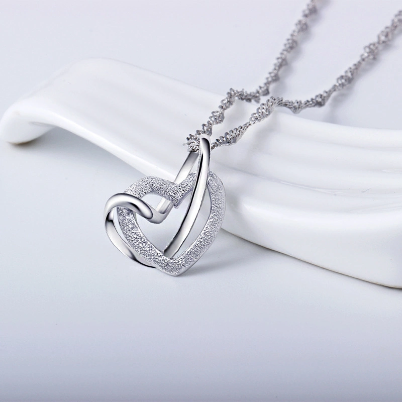 Wholesale Silver Double Heart Pendant Necklace Touching Love Grind Arenaceous Silver Necklace