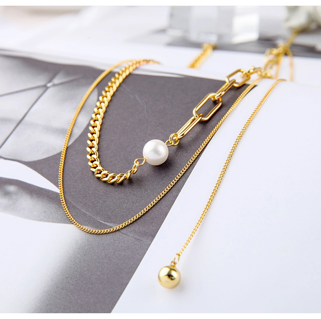 Trendy Women Elegant Double Chain Pendant AAA Zirconia Natural Pearl Necklace Gold Plating Silver Necklace