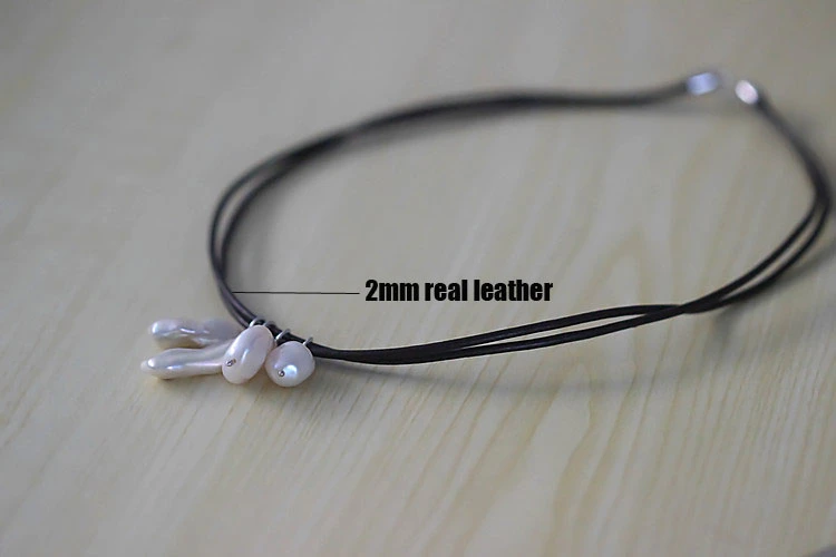 Fashion Double String Leather Necklace with 4PCS Baroque Natural Pearl Pendant