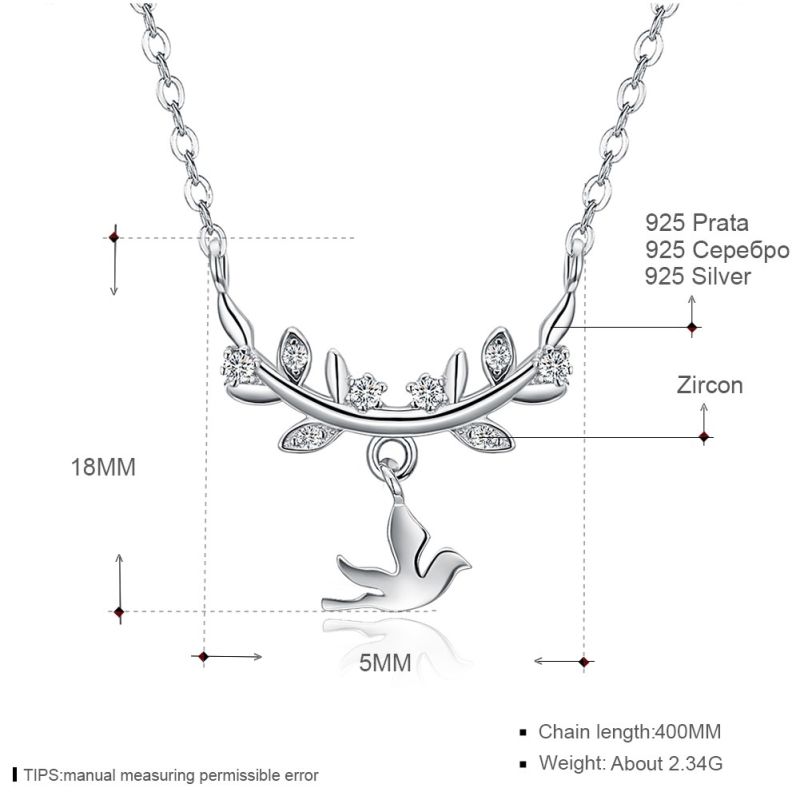 925 Sterling Silver Leaf Branch Bird Pendant Jewelry Necklace