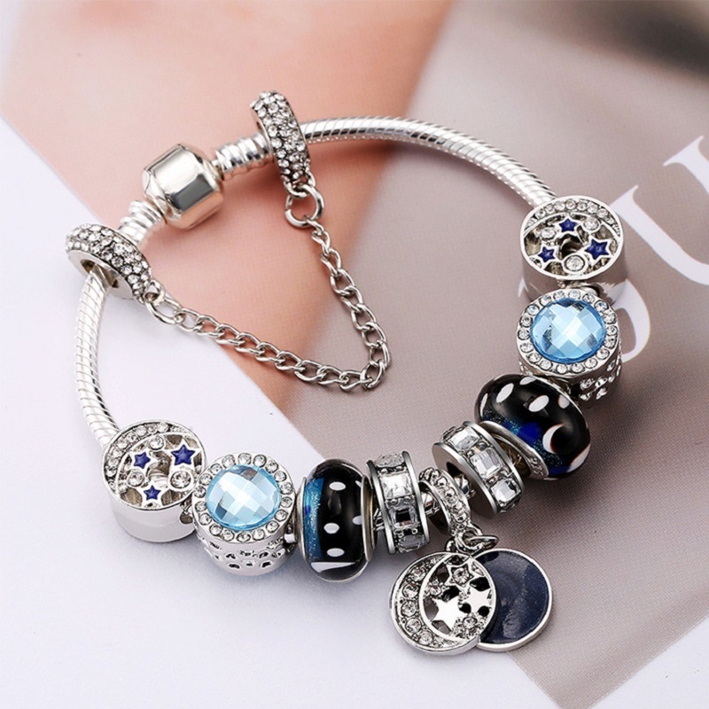 Silver-Tone Glass/Crystal Beads Charm Bracelet Star Charm Blue Black Half Moon Dangling Charm Esg13592