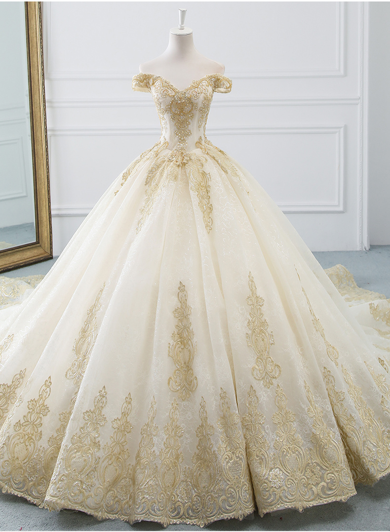Gold Lace Bridal Ball Gowns Applique Beading Wedding Dresses Z18019