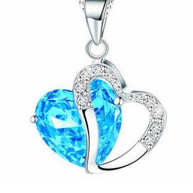 Heart-Shaped Birthbone Necklace for Girls Blue Crystal Zirconia Silver Plated Long Chain Necklace Esg11096
