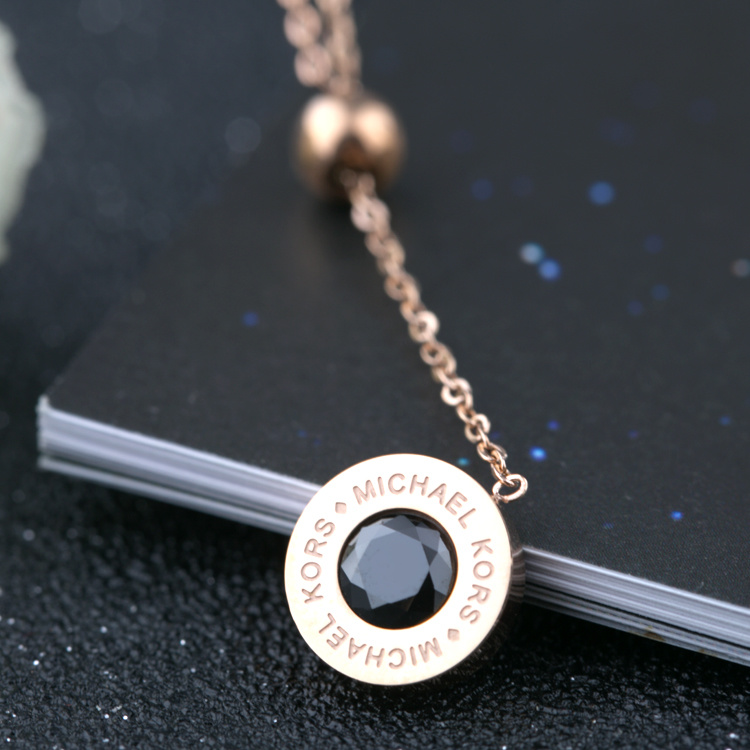Stainless Steel Chain Necklace Women Black Agate Round Pendant Necklace