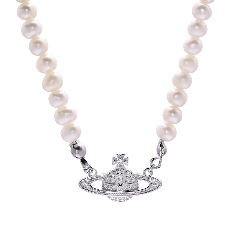 Saturn Pendant Pearl Necklace Jewelry for Women Dainty 925 Silver Choker Necklace Beaded Necklace