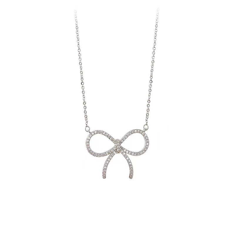 New Fashion Women Special Jewelry Minimalist 925 Sterling Silver Bow Diamond Initial Pendant Necklace
