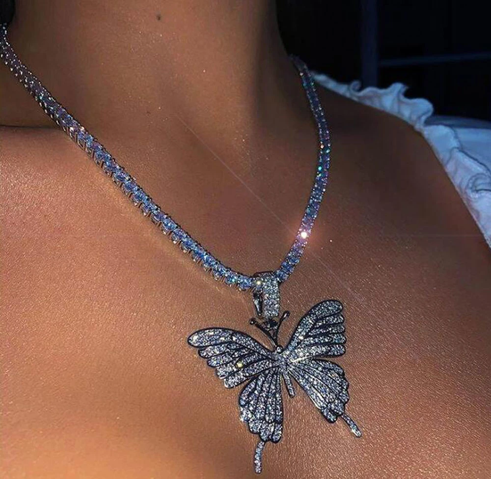 Mens Women Hip Hop Tennis Chain Necklace Pendant Jewelry Shiny Rhinestone CZ Butterfly Necklace