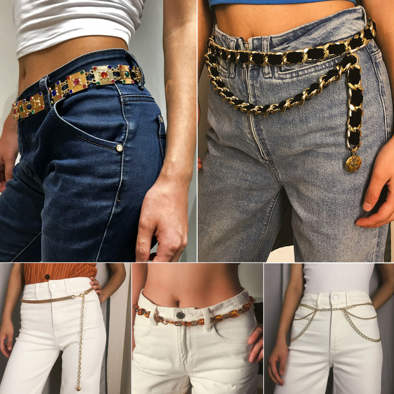 Women Fashion Belt Hip High Waist Gold Narrow Metal Chain Chunky Fringes