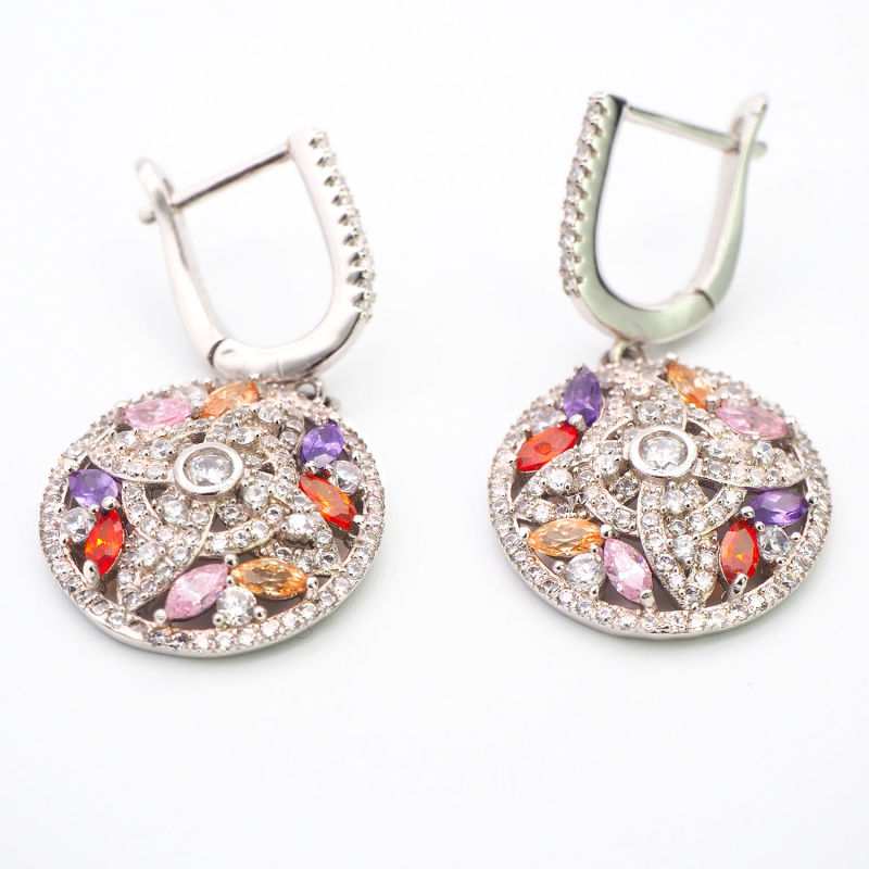 925 Sterling Silver Earrings Multicolor Cubic Zircon Paved Round Women Earrings Dangling Earrings