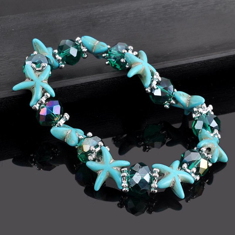 Women Handmade Crystal Starfish Shape Turquoise Beaded Bracelet