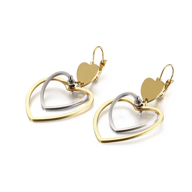 Double Peach Heart Love Heart Pendant Gold-Plated Stainless Steel Earrings Drop