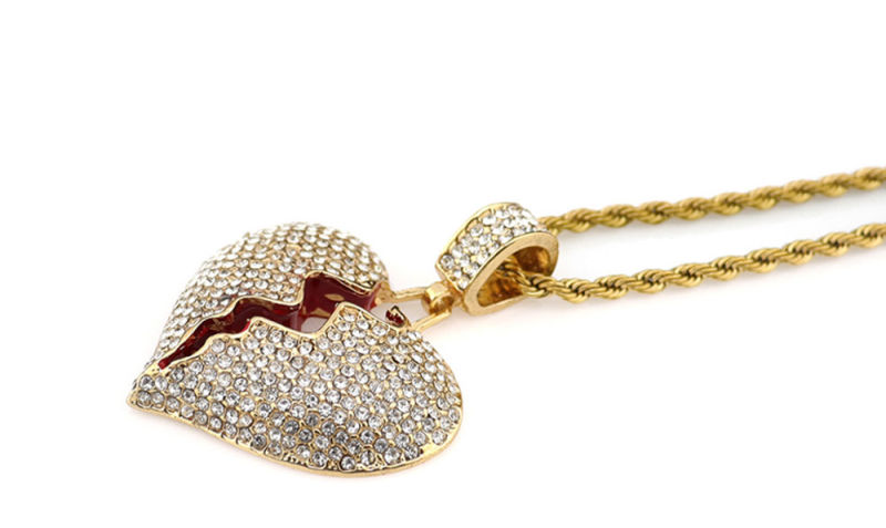 Wholesale HIPS Hops 18K Gold Plating Broken Heart Necklace Cuban Chain Full Bling Crystal Broken Heart Pendant Necklace