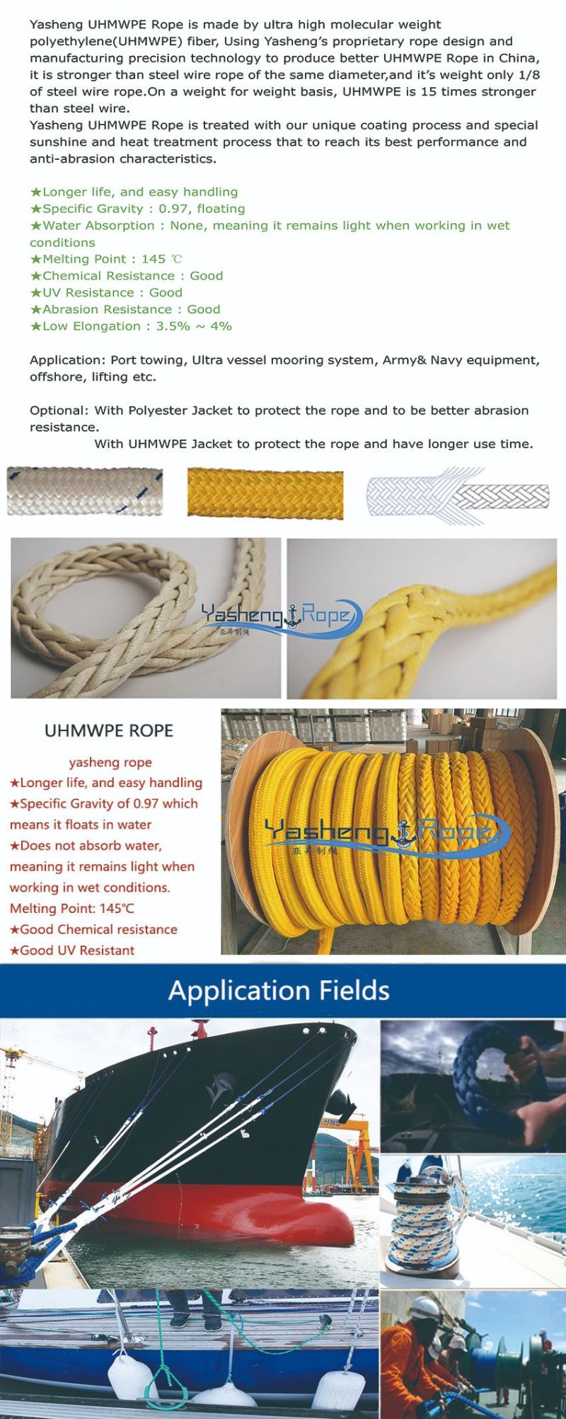 Chinese Manufacturer Uhwmpe Rope Mooring Rope Towing Rope for Shipping