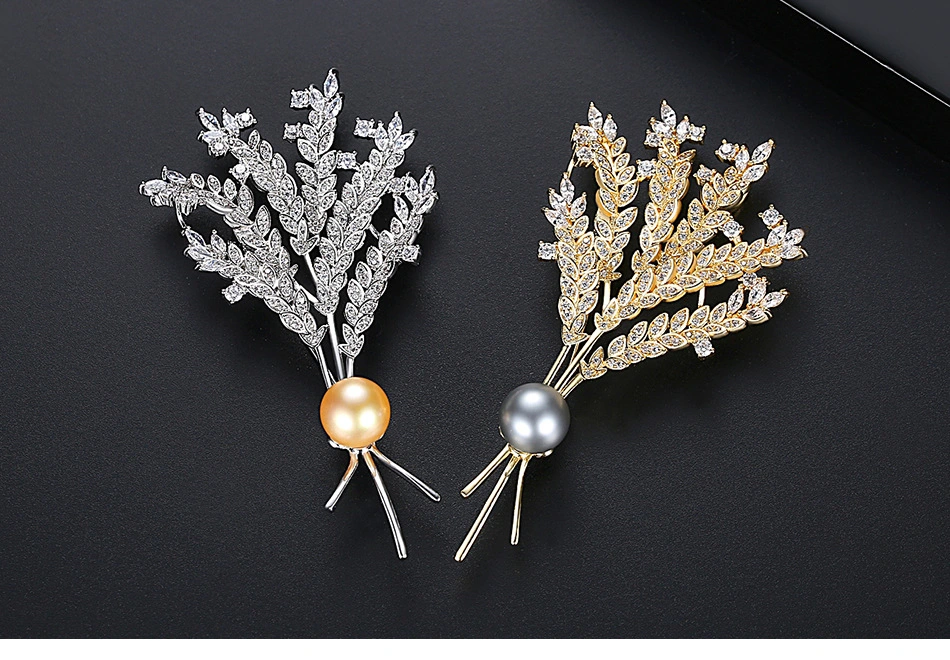 18K Gold Plated Wheat Ears CZ Freshwater Pearl Brass Brooch