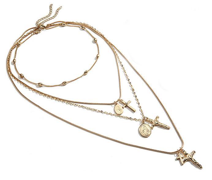 Multi Layer Gold Plated Cross Pendant Necklace