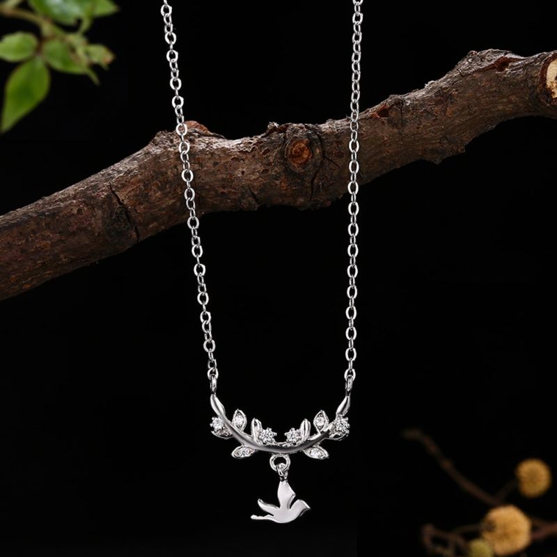 925 Sterling Silver Leaf Branch Bird Pendant Jewelry Necklace