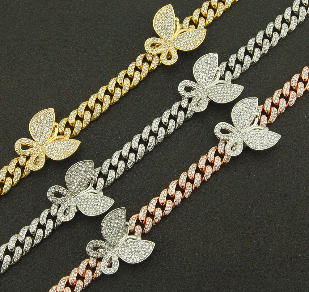 12mm Zircon Butterfly Pendant Cuban Chain Necklace Luxury Bling Bling Jewelry Butterfly Gold Necklace