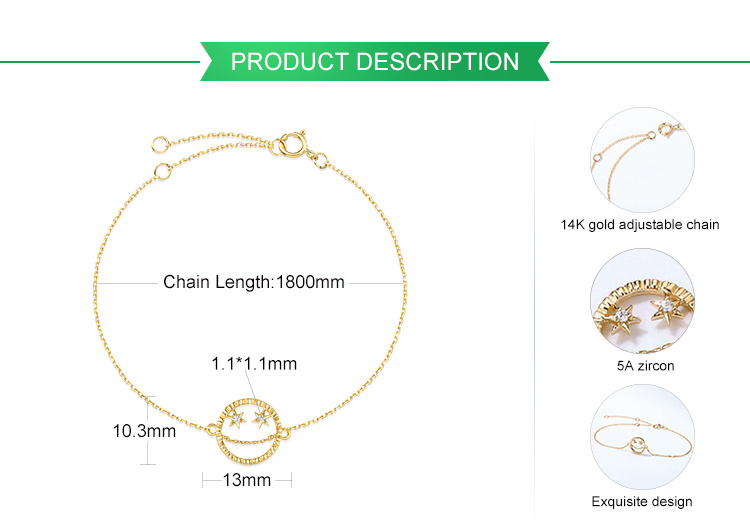 Adjustable 14K Gold Chain Bracelet Jewelry Unique Design Women Solid Gold Cubic Zirconia Bracelet