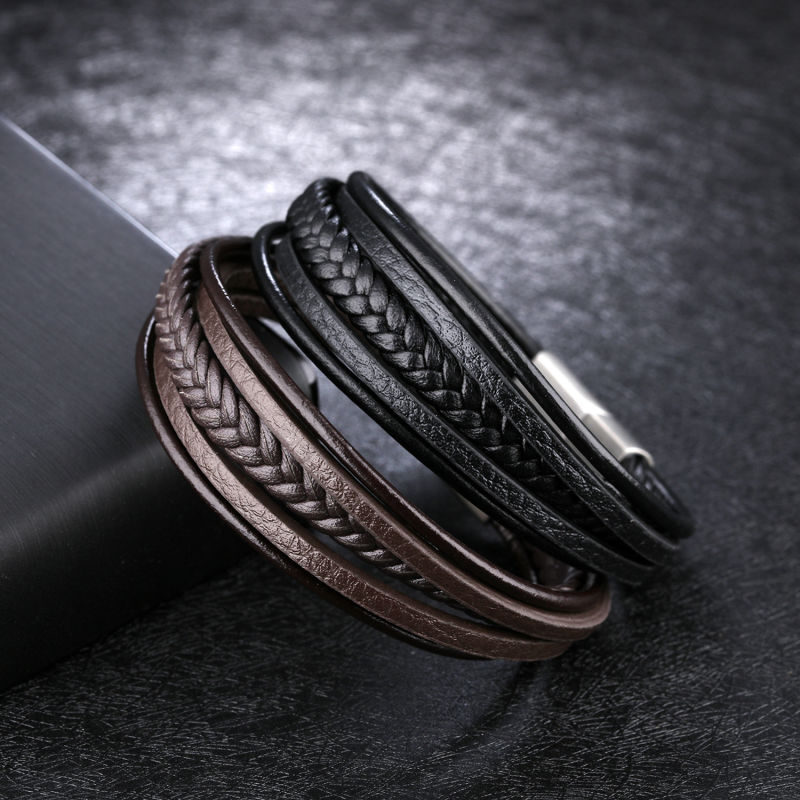 New Fashion Simple Bracelets Vintage Gold Handmade Weave Titanium Stainless Steel Leather Bracelet