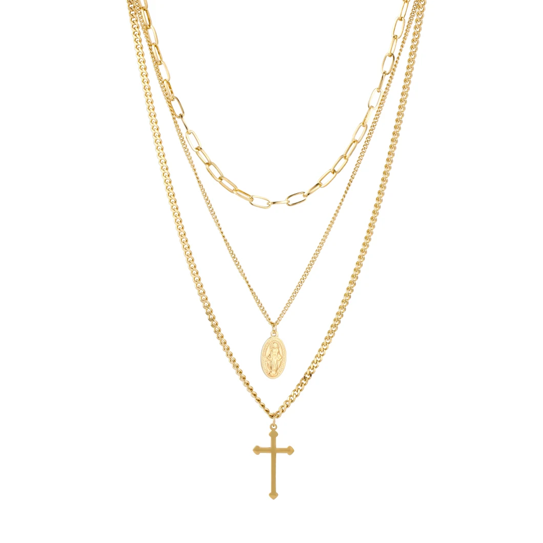Gold-Plated Stainless Steel Multi-Layered Portrait Head Coin Cross Pendant Necklaces