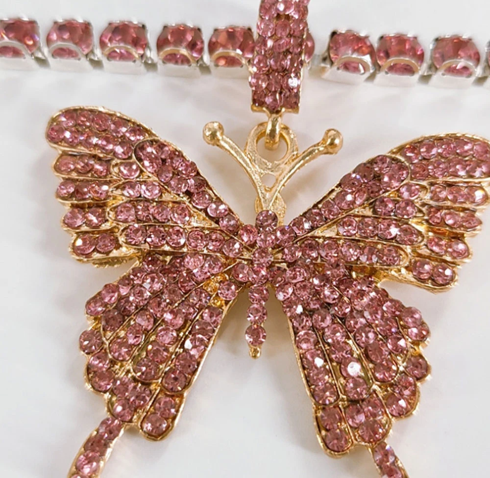 High Quality AAA+ Pink Cubic Zircon Paved Bling Ice out Rose Gold Butterfly Pendants Necklace
