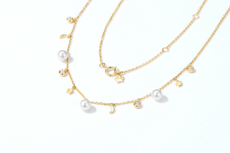 Women Pure Gold Jewelry 14K Real Gold Dainty Minimalist Style Moon Star Necklace