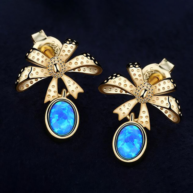 925 Sterling Silver Earrings Bow Created Opal Drop Earrings Dangling Earrings