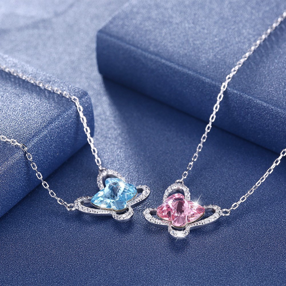 Latest Design New Fashion Necklace Jewelry Statement Gift Elegant Crystal Colorful 925 Sterling Silver Butterfly Crystal Necklace
