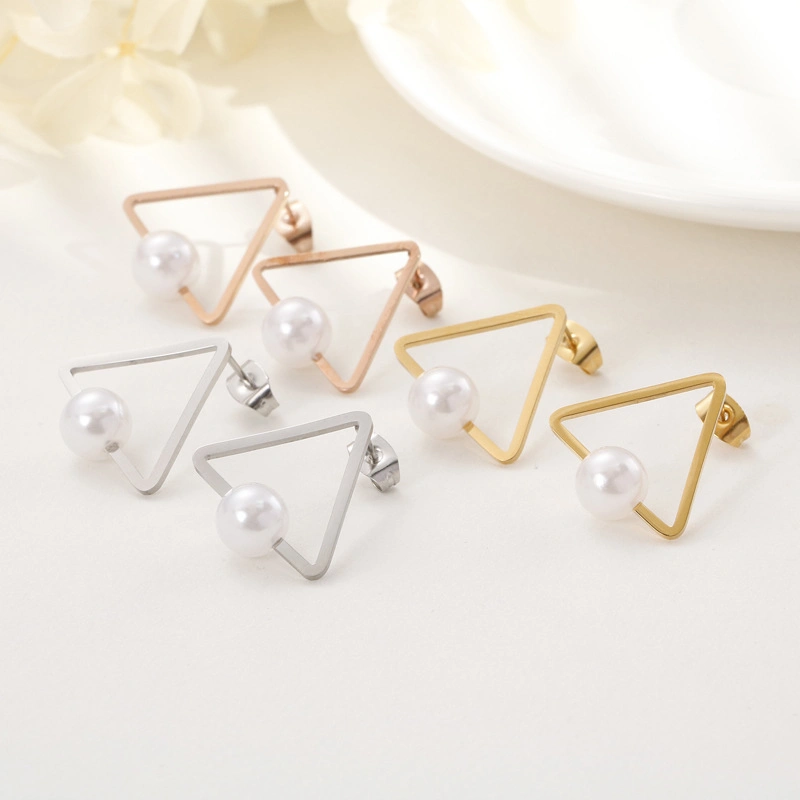 Geometric Shape Triangle Pearl Gold-Plated Stainless Steel Earrings Stud