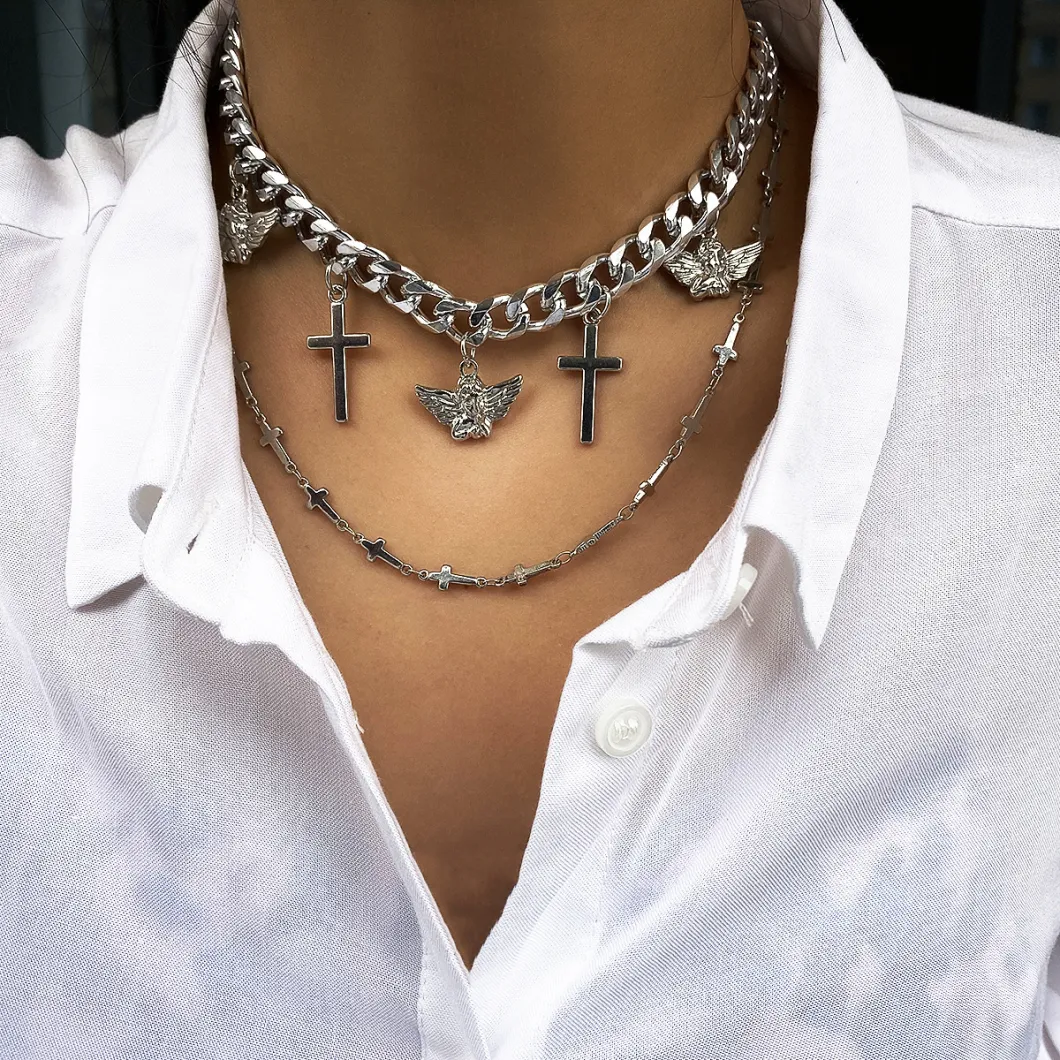 Personalized Hip Hop Cross Chain Necklace Street Fashion Angel Pendant Multilayer Necklace
