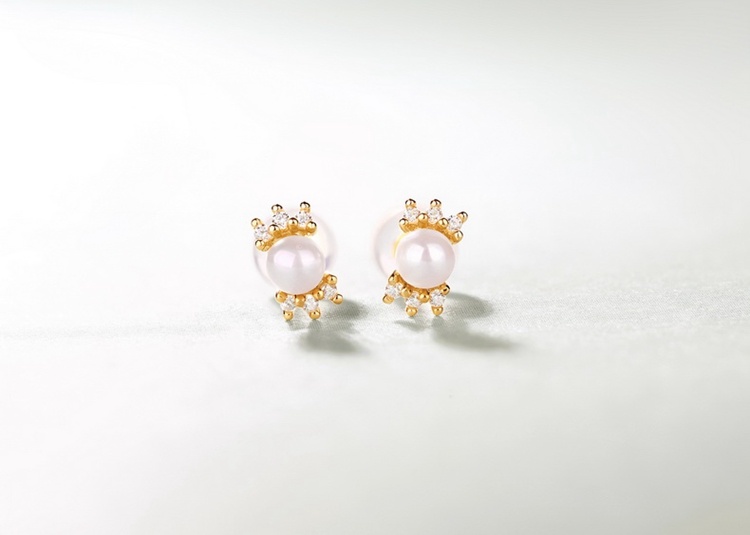 High Quality Solid Gold Earrings 14K 18K Gold Pearl Studs Earrings with CZ