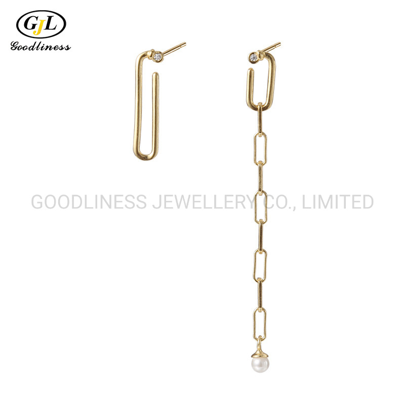 Fashion Jewellery S925 Silver Long Asymmetrical Chain Pearl Drop Earrings