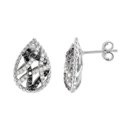 Black and White CZ Heart Shape 925 Silver Stud Earrings