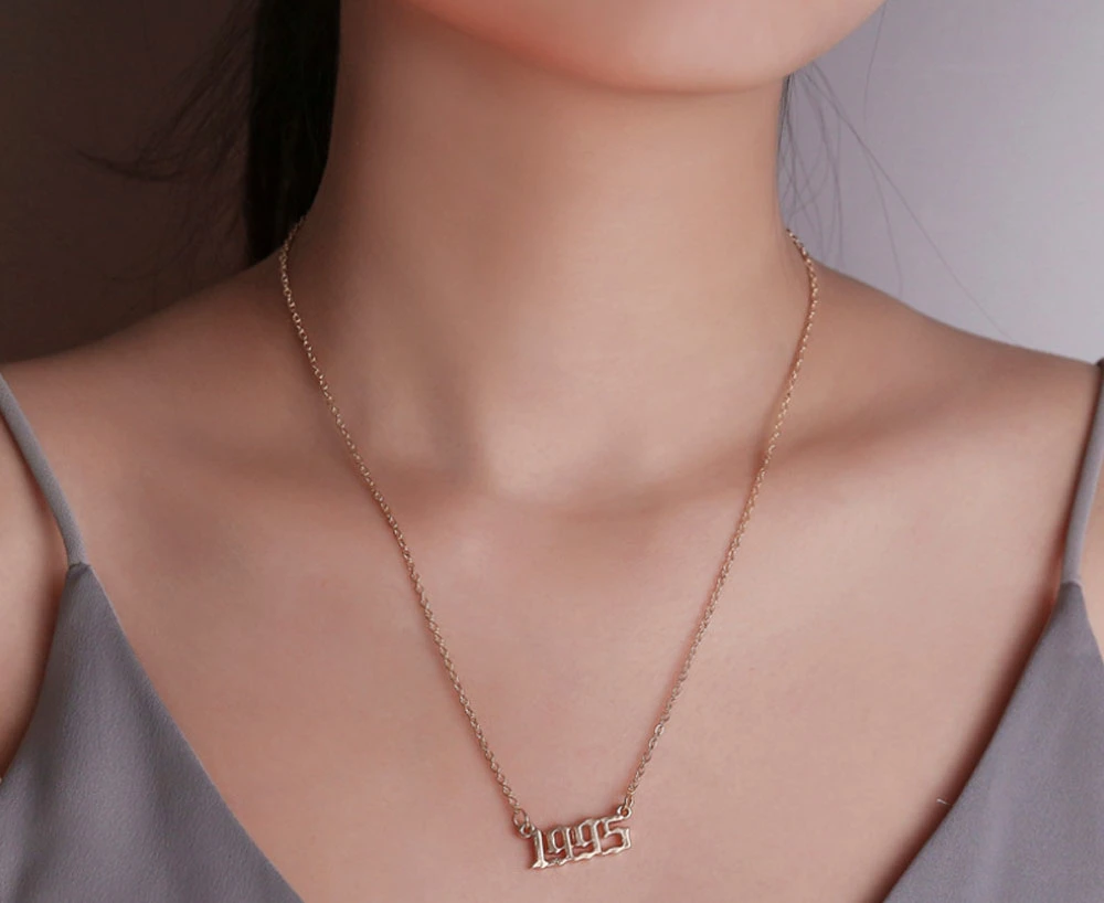 18K Gold 316L Stainless Steel Birth Year Necklace Personalized Old English Arabic Year Number Pendant Necklace