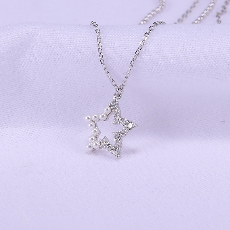 Custom Trendy Beaded 925 Sterling Silver Cubic Zirconia Star Pearl Layered Pendant Necklace