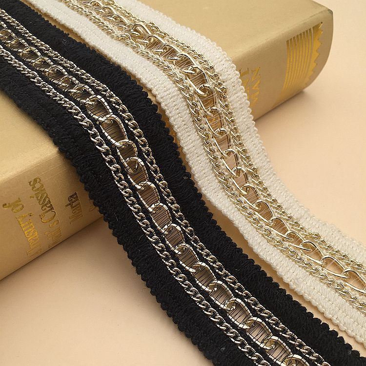 Crochet Woven Trim Ribbon with Gold Metal Chain