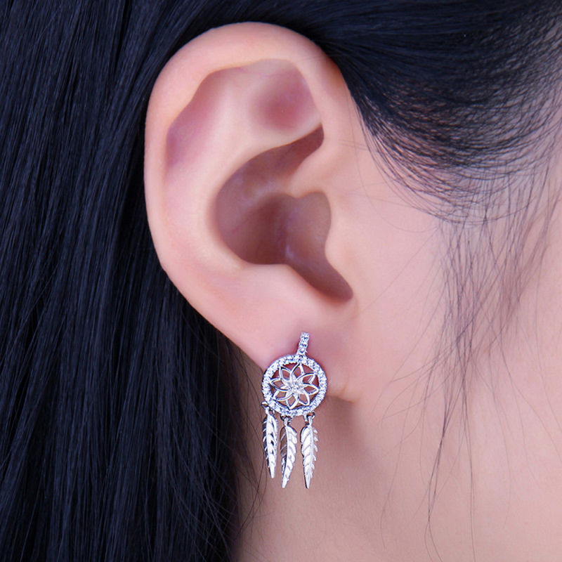 925 Sterling Silver Earrings Feather Dreamcatcher Dream Catcher Earrings Dangle Earrings CZ