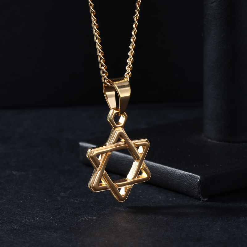 Gold Plated Stainless Steel Glossy Hexagram Pendant Necklace